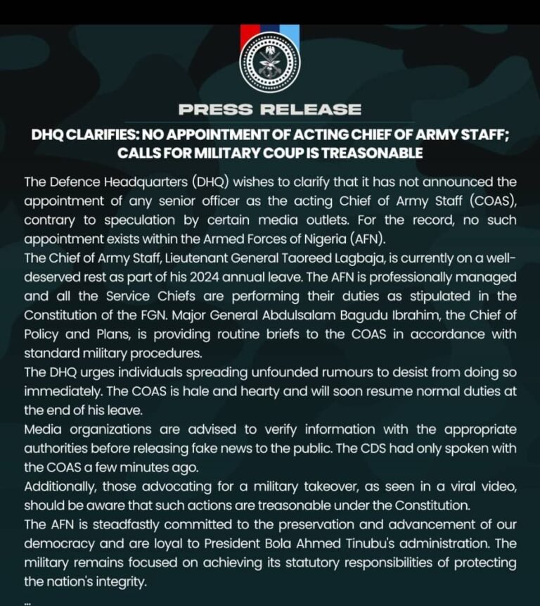DHQ clarifies that calls for a military coup are treasonous and that the acting chief of army staff will not be appointed.