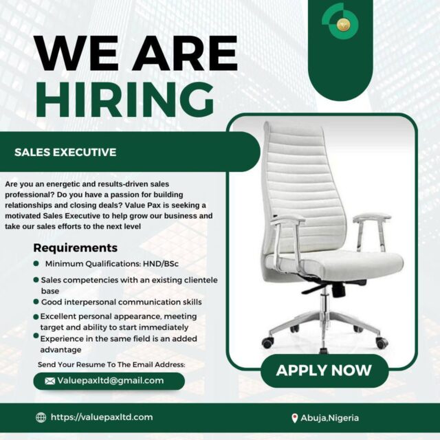 Sales Executive, Position for immediate employment.