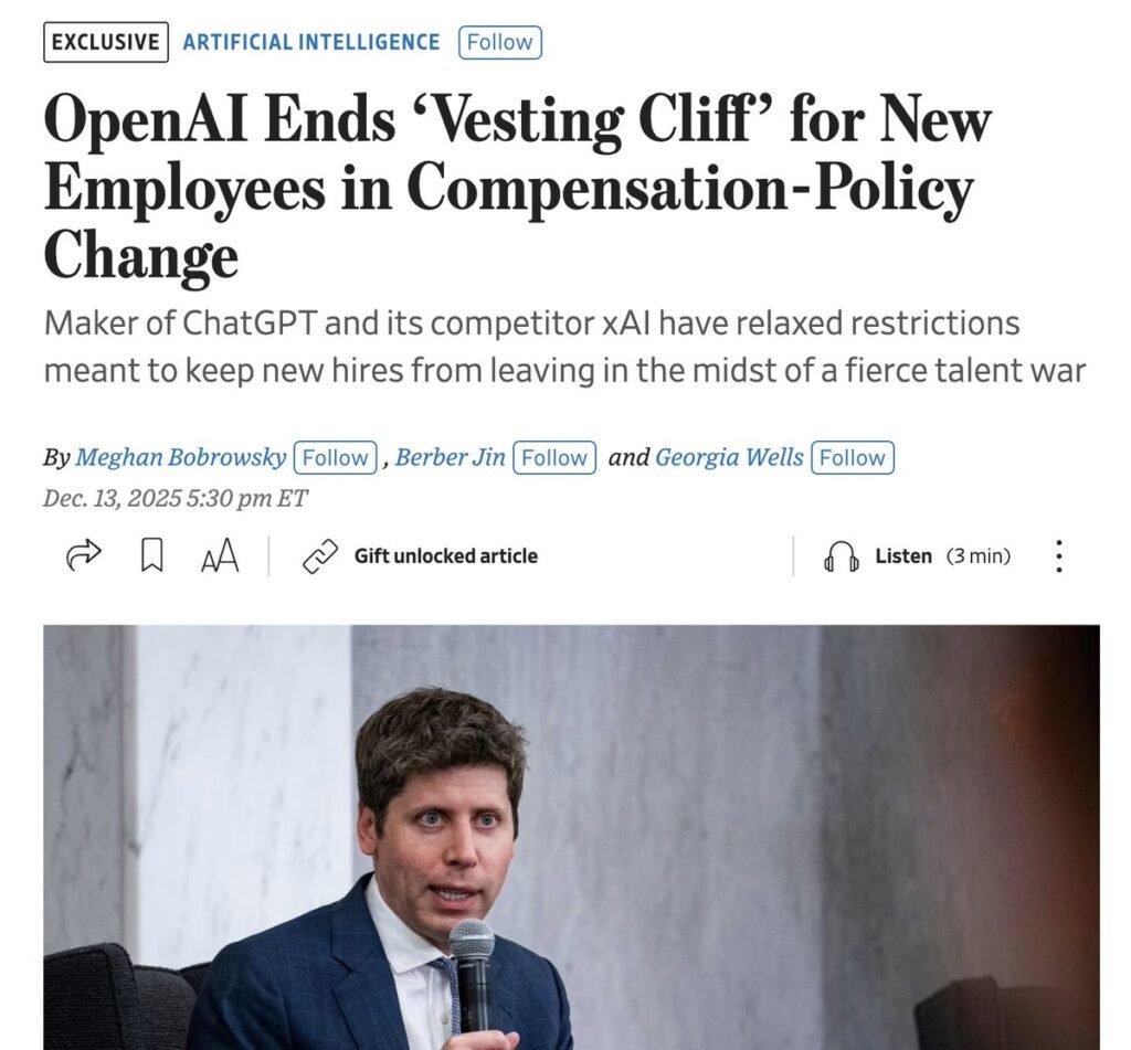 OpenAI Ends Vesting Cliff to Win Global Talent in High Stakes AI Competition