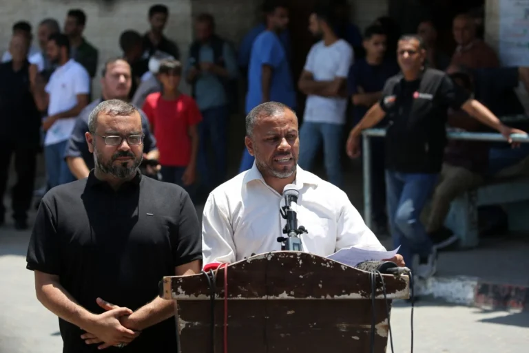 Ismail al-Thawabta, head of Hamas' government media office, addresses a press conference at the Al-Aqsa Hospital in Deir al-Balah, central Gaza Strip on July 6, 2026. Credit: AFP